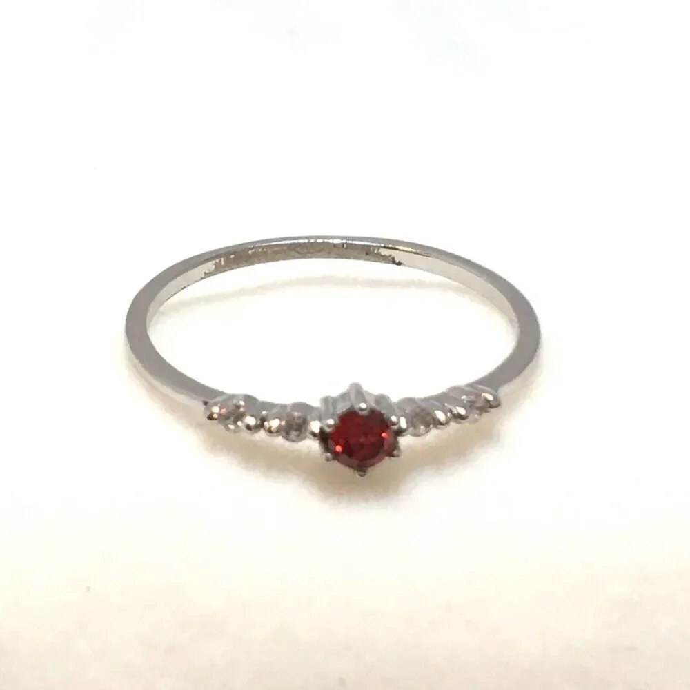 Sterling Silver Ring Size 7.75 925 Thin Band Red Cubic Zirconia CZ Dainty - Flaw